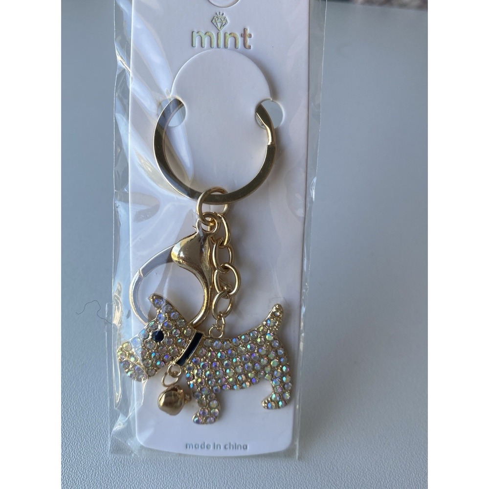 Sparkling‎ Rhinestone Scottie Dog Keychain & Bag Charm Gold Tone New
